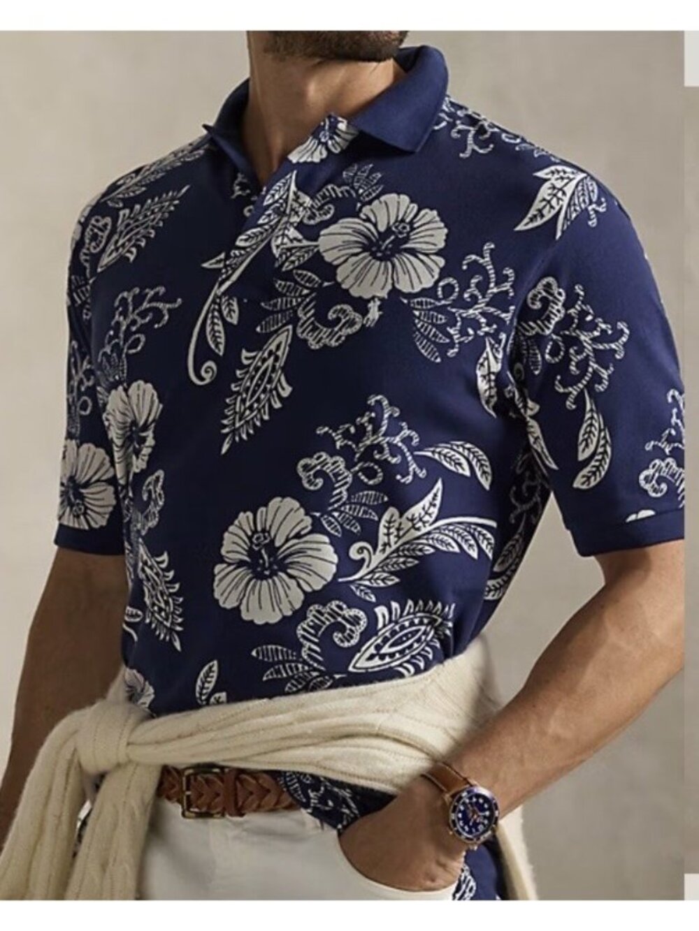 Polo Ralph Lauren Mens 2XB Navy Blue Classic Fit Hibiscus Mesh Short Sleeve Polo